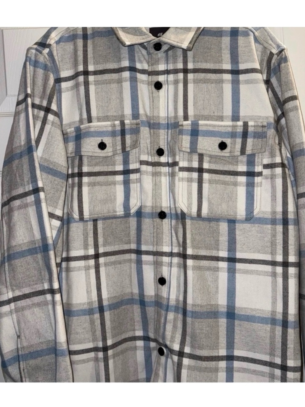 H&M Men's Plaid Shirt Jacket in White, Gray & Light Blue